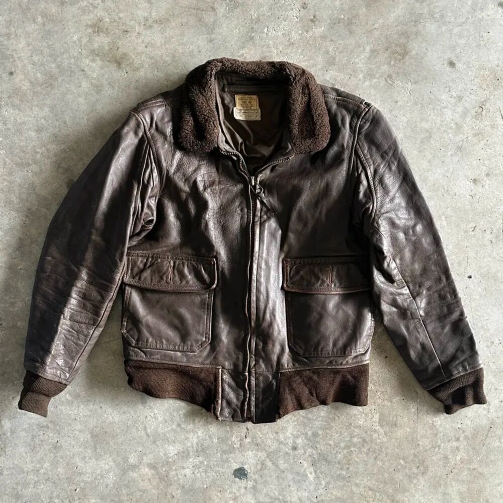 Vintage 70s USN G-1 Leather Bomber Jacket Size 40
